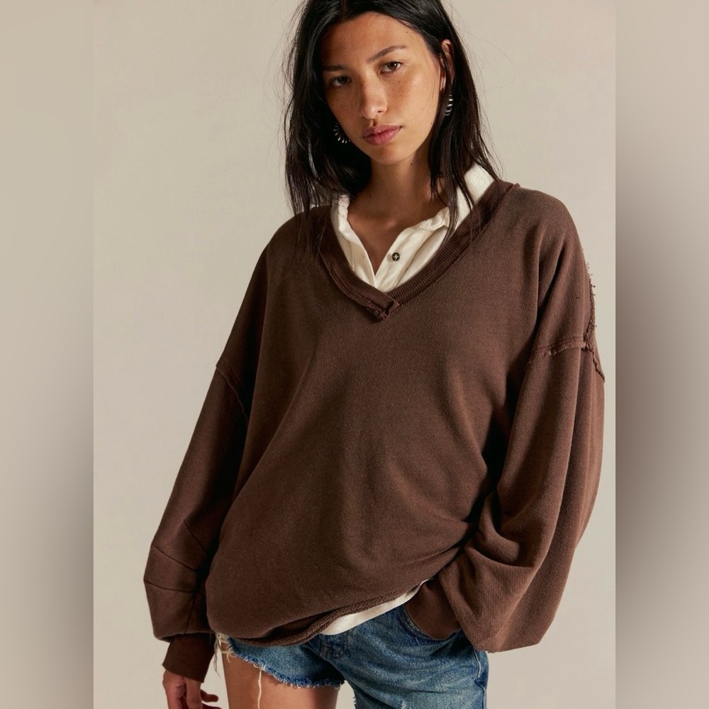 Free People Oversized Brown V-Neck Sweatshirt